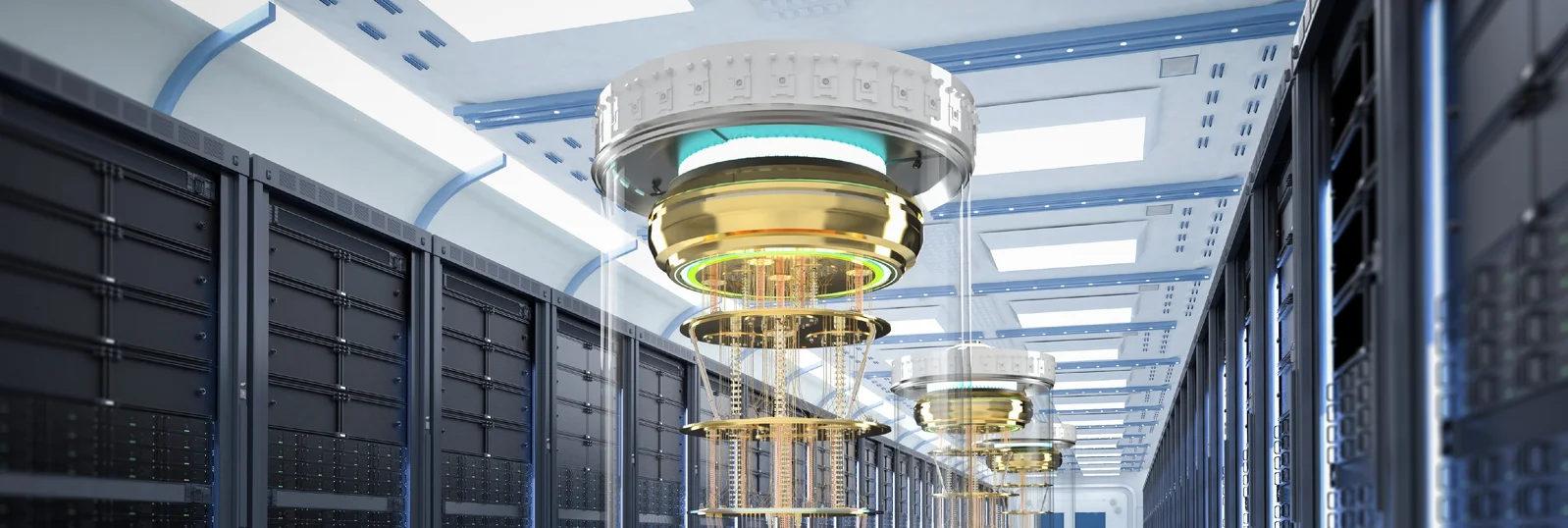 Bright hallway with three quantum computers.